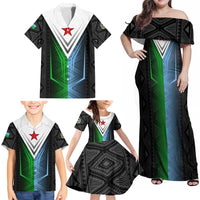 Djibouti Fusion Family Matching Off Shoulder Maxi Dress and Hawaiian Shirt Tribal Geometry Meets National Colors and Red Star Boldness