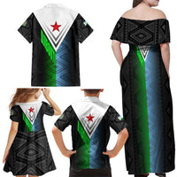 Djibouti Fusion Family Matching Off Shoulder Maxi Dress and Hawaiian Shirt Tribal Geometry Meets National Colors and Red Star Boldness