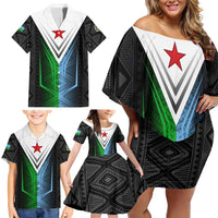 Djibouti Fusion Family Matching Off Shoulder Short Dress and Hawaiian Shirt Tribal Geometry Meets National Colors and Red Star Boldness