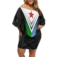 Djibouti Fusion Family Matching Off Shoulder Short Dress and Hawaiian Shirt Tribal Geometry Meets National Colors and Red Star Boldness
