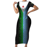 Djibouti Fusion Family Matching Short Sleeve Bodycon Dress and Hawaiian Shirt Tribal Geometry Meets National Colors and Red Star Boldness