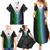 Djibouti Fusion Family Matching Summer Maxi Dress and Hawaiian Shirt Tribal Geometry Meets National Colors and Red Star Boldness