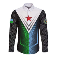 Djibouti Fusion Long Sleeve Button Shirt Tribal Geometry Meets National Colors and Red Star Boldness
