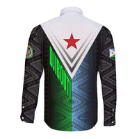 Djibouti Fusion Long Sleeve Button Shirt Tribal Geometry Meets National Colors and Red Star Boldness