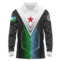 Djibouti Fusion Long Sleeve Polo Shirt Tribal Geometry Meets National Colors and Red Star Boldness