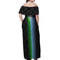 Djibouti Fusion Off Shoulder Maxi Dress Tribal Geometry Meets National Colors and Red Star Boldness