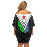 Djibouti Fusion Off Shoulder Short Dress Tribal Geometry Meets National Colors and Red Star Boldness