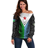 Djibouti Fusion Off Shoulder Sweater Tribal Geometry Meets National Colors and Red Star Boldness