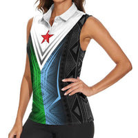 Djibouti Fusion Women Sleeveless Polo Shirt Tribal Geometry Meets National Colors and Red Star Boldness