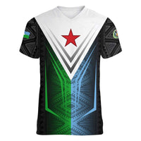 Djibouti Fusion Women V-Neck T-Shirt Tribal Geometry Meets National Colors and Red Star Boldness