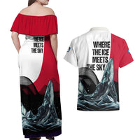Greenland Whale Couples Matching Off Shoulder Maxi Dress and Hawaiian Shirt with Arctic Waves and Where the Ice Meets the Sky Text Design