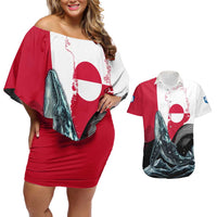 Greenland Whale Couples Matching Off Shoulder Short Dress and Hawaiian Shirt with Arctic Waves and Where the Ice Meets the Sky Text Design