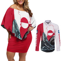 Greenland Whale Couples Matching Off Shoulder Short Dress and Long Sleeve Button Shirt with Arctic Waves and Where the Ice Meets the Sky Text Design