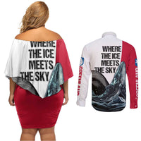 Greenland Whale Couples Matching Off Shoulder Short Dress and Long Sleeve Button Shirt with Arctic Waves and Where the Ice Meets the Sky Text Design