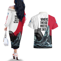 Greenland Whale Couples Matching Off The Shoulder Long Sleeve Dress and Hawaiian Shirt with Arctic Waves and Where the Ice Meets the Sky Text Design