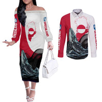 Greenland Whale Couples Matching Off The Shoulder Long Sleeve Dress and Long Sleeve Button Shirt with Arctic Waves and Where the Ice Meets the Sky Text Design