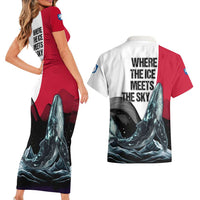 Greenland Whale Couples Matching Short Sleeve Bodycon Dress and Hawaiian Shirt with Arctic Waves and Where the Ice Meets the Sky Text Design