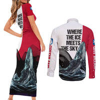 Greenland Whale Couples Matching Short Sleeve Bodycon Dress and Long Sleeve Button Shirt with Arctic Waves and Where the Ice Meets the Sky Text Design