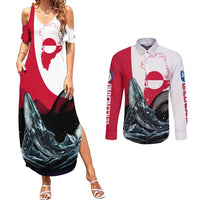 Greenland Whale Couples Matching Summer Maxi Dress and Long Sleeve Button Shirt with Arctic Waves and Where the Ice Meets the Sky Text Design