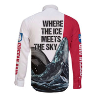 Greenland Whale Long Sleeve Button Shirt with Arctic Waves and Where the Ice Meets the Sky Text Design