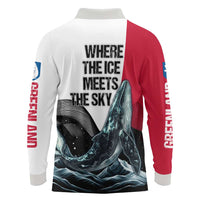 Greenland Whale Long Sleeve Polo Shirt with Arctic Waves and Where the Ice Meets the Sky Text Design