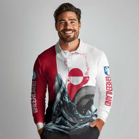 Greenland Whale Long Sleeve Polo Shirt with Arctic Waves and Where the Ice Meets the Sky Text Design