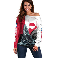 Greenland Whale Off Shoulder Sweater with Arctic Waves and Where the Ice Meets the Sky Text Design