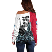 Greenland Whale Off Shoulder Sweater with Arctic Waves and Where the Ice Meets the Sky Text Design