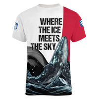 Greenland Whale Women V-Neck T-Shirt with Arctic Waves and Where the Ice Meets the Sky Text Design