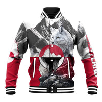Greenland Baseball Jacket with Arctic Fox, Mountains, and Frozen Yet Fierce Text Design