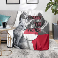 Greenland Blanket with Arctic Fox, Mountains, and Frozen Yet Fierce Text Design