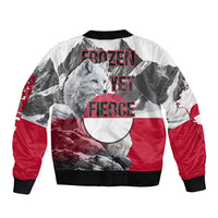 Greenland Bomber Jacket with Arctic Fox, Mountains, and Frozen Yet Fierce Text Design