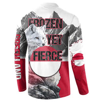 Greenland Button Sweatshirt with Arctic Fox, Mountains, and Frozen Yet Fierce Text Design