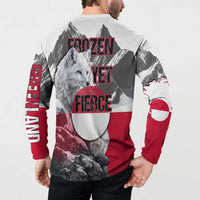 Greenland Button Sweatshirt with Arctic Fox, Mountains, and Frozen Yet Fierce Text Design