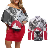 Greenland Couples Matching Off Shoulder Short Dress and Long Sleeve Button Shirt with Arctic Fox, Mountains, and Frozen Yet Fierce Text Design