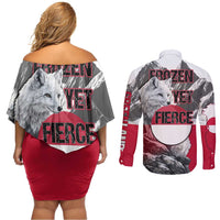 Greenland Couples Matching Off Shoulder Short Dress and Long Sleeve Button Shirt with Arctic Fox, Mountains, and Frozen Yet Fierce Text Design