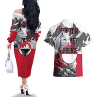 Greenland Couples Matching Off The Shoulder Long Sleeve Dress and Hawaiian Shirt with Arctic Fox, Mountains, and Frozen Yet Fierce Text Design