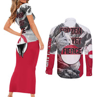 Greenland Couples Matching Short Sleeve Bodycon Dress and Long Sleeve Button Shirt with Arctic Fox, Mountains, and Frozen Yet Fierce Text Design