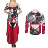 Greenland Couples Matching Summer Maxi Dress and Long Sleeve Button Shirt with Arctic Fox, Mountains, and Frozen Yet Fierce Text Design