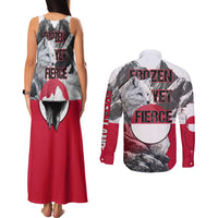 Greenland Couples Matching Tank Maxi Dress and Long Sleeve Button Shirt with Arctic Fox, Mountains, and Frozen Yet Fierce Text Design