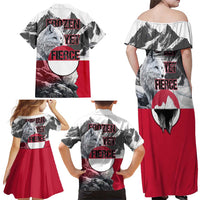 Greenland Family Matching Off Shoulder Maxi Dress and Hawaiian Shirt with Arctic Fox, Mountains, and Frozen Yet Fierce Text Design