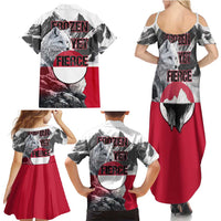 Greenland Family Matching Summer Maxi Dress and Hawaiian Shirt with Arctic Fox, Mountains, and Frozen Yet Fierce Text Design