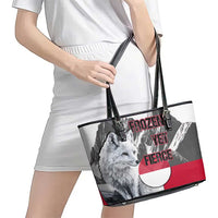 Greenland Leather Tote Bag with Arctic Fox, Mountains, and Frozen Yet Fierce Text Design