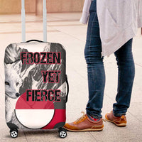 Greenland Luggage Cover with Arctic Fox, Mountains, and Frozen Yet Fierce Text Design