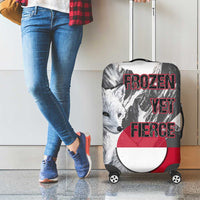 Greenland Luggage Cover with Arctic Fox, Mountains, and Frozen Yet Fierce Text Design