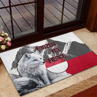 Greenland Rubber Doormat with Arctic Fox, Mountains, and Frozen Yet Fierce Text Design