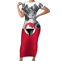 Greenland Short Sleeve Bodycon Dress with Arctic Fox, Mountains, and Frozen Yet Fierce Text Design