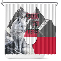 Greenland Shower Curtain with Arctic Fox, Mountains, and Frozen Yet Fierce Text Design