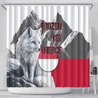 Greenland Shower Curtain with Arctic Fox, Mountains, and Frozen Yet Fierce Text Design