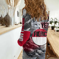 Greenland Women Casual Shirt with Arctic Fox, Mountains, and Frozen Yet Fierce Text Design